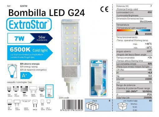 LÂMPADA PLC 5630 7W 6400K LUZ DIA CJ60 PLC G24 7W
