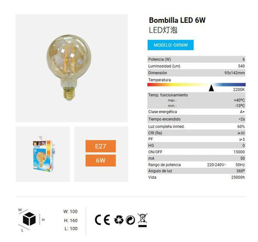 LÂMPADA BOLA LED ADORNO E276W 2200K CJ36 LED  6W