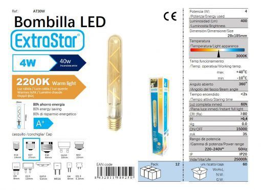 LÂMPADA LED ADORNO E27 4W 30X185MM 3000K CJ60 LED  4W