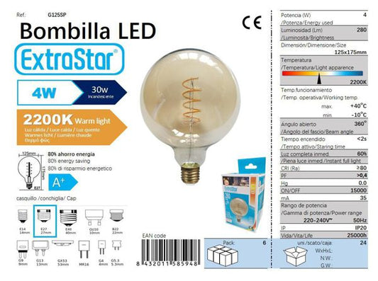 LÂMPADA BOLA LED ESPIRAL 125MM E274W 2200K CJ24 LED  4W