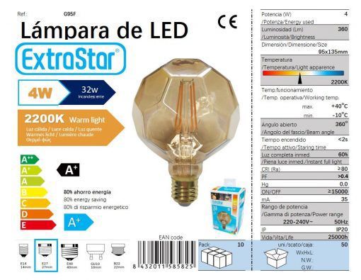 LÂMPADA BOLA W6 LED ADORNO E27 4W 2200K CJ50 LED  4W