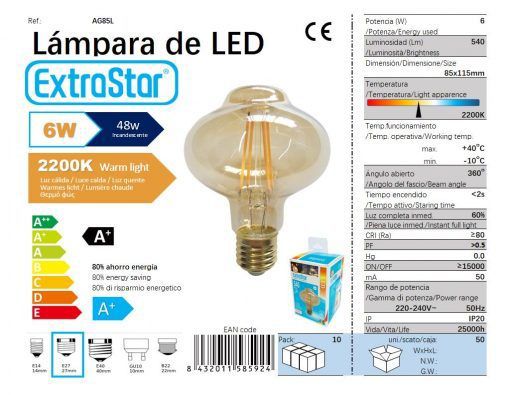 LÂMPADA BOLA W1 LED ADORNO E27 6W 2200K CJ50 LED  6W