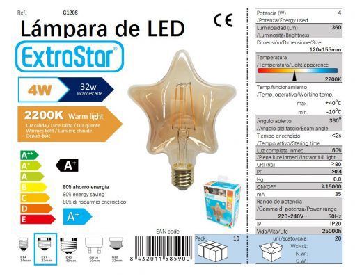 LÂMPDA LED ESTRELLA 4W E27 2200K LED  4W