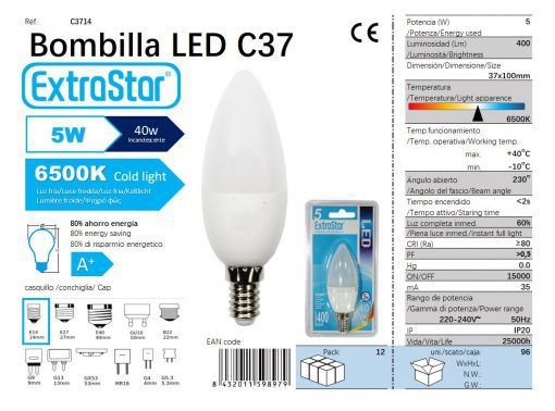 LÂMPADA LED VELA E14 5W 400LM LUZ DIA LED  5W