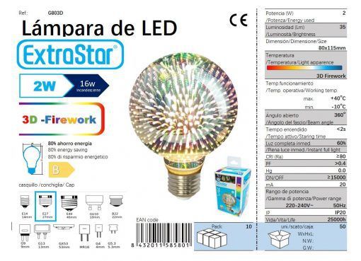LÂMPADA BOLA W7 LED ADORNO E27 2W 2200K CJ50 3D 2W