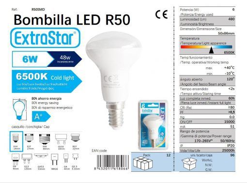LÂMPADA REFLETIVO LED R50 E14 6W 6400K CJ96 LED  6W