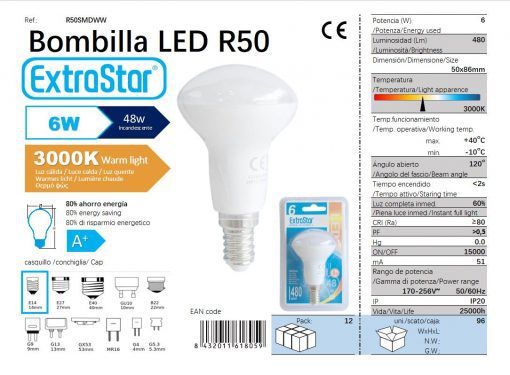 LÂMPADA REFLETIVO LED R50 E14 6W 3300K CJ96 LED  6W