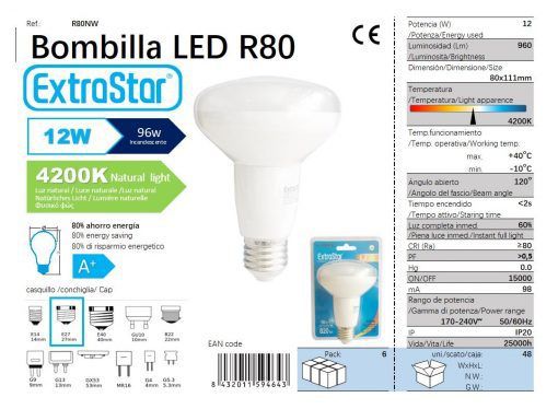 LÂMPADA REFLETIVO LED R80 12W E27 4200K CJ48 LED  12W