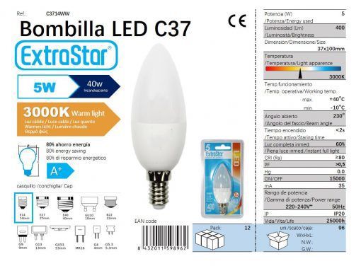 LÂMPADA LED VELA E14 5W 400LM LUZ QUENTE LED  5W