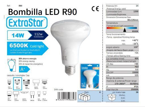 LÂMPADA REFLETIVO LED R90 14W E27 6500K CJ36 LED  14W