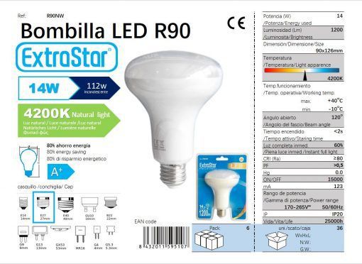 LÂMPADA REFLETIVO LED R90 14W E27 4200K LUZ NAT LED  14W