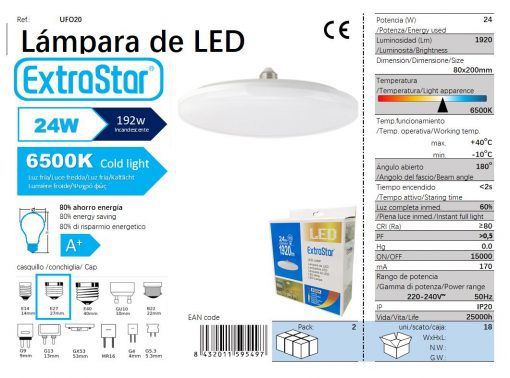 LÂMPDA LED UFO 24W E27  20CM 6500K CJ24 LED  24W