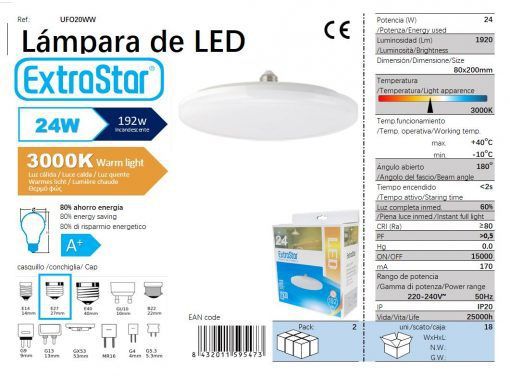 LÂMPDA LED UFO 24W E27 20CM 3000K CJ18 LED  24W