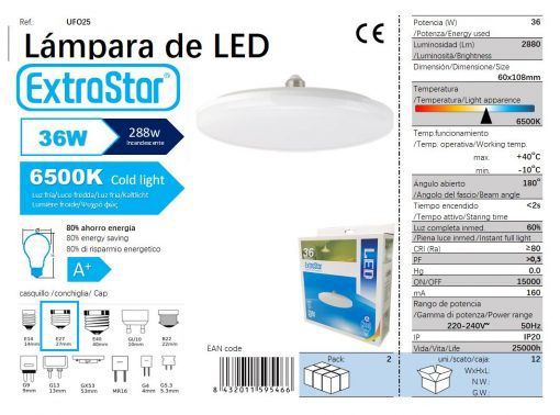 LÂMPDA LED UFO 36W E27  25CM 6500K CJ12 LED  36W