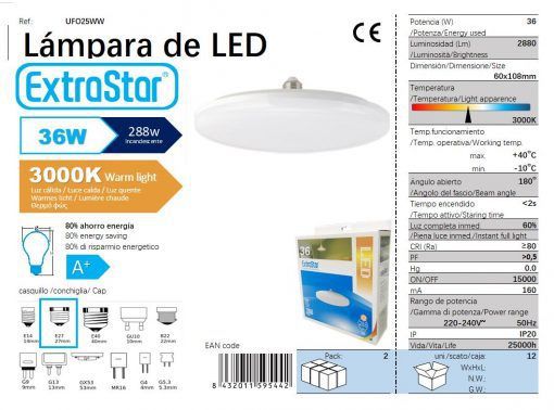 LÂMPDA LED UFO 36W E27 25CM 3000K CJ12 LED  36W