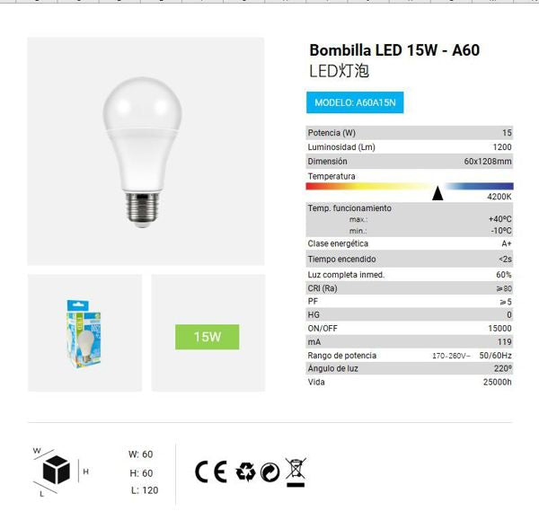 LÂMPADA LED A60 15W 4200K LUZ DIA CJ96 LED  15W
