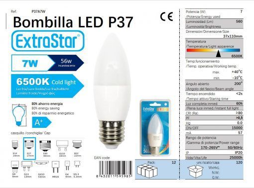 LÂMPADA LED VELA 7W E27 6500K LUZ DIA CJ120 LED  7W