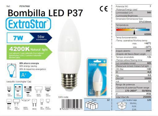 LÂMPADA LED VELA 7W E27 4200K LUZ NATURAL CJ120 LED  7W