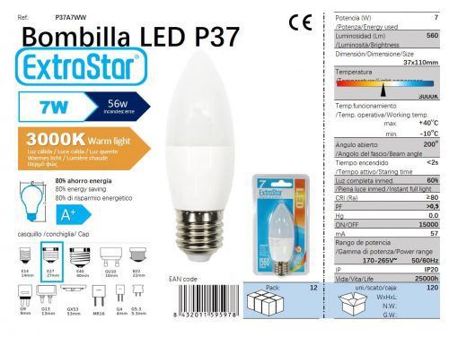 LÂMPADA LED VELA 7W E27 3000K LUZ QUENTE CJ120 LED  7W