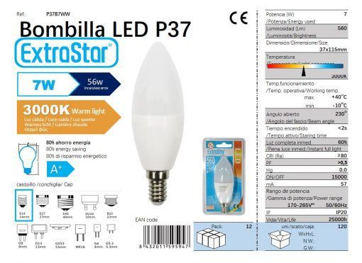 LÂMPADA LED VELA 7W E14 3000K LUZ QUENTE CJ120 LED  7W