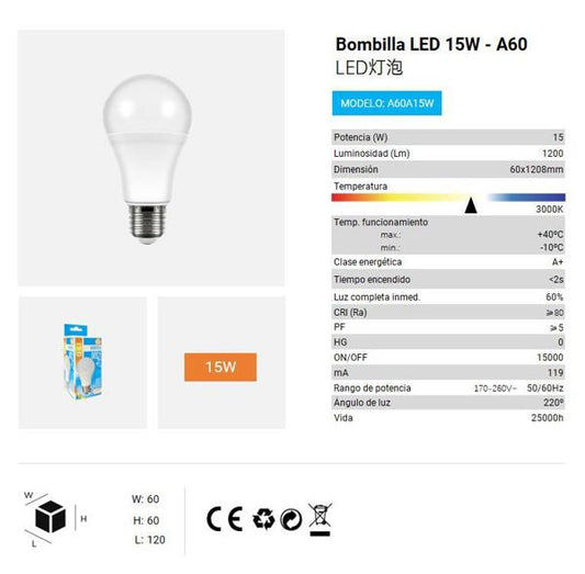 LÂMPADA LED A60 15W 3000K LUZ QUENTE CJ96 LED  15W