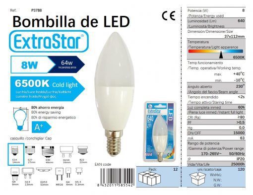 LÂMPADA LED VELA 8W E14 6500K LUZ FRIA CJ120 LED  8W