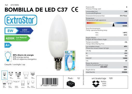 LÂMPADA LED VELA 8W E14 4200K LUZ NATURAL CJ120 LED  8W