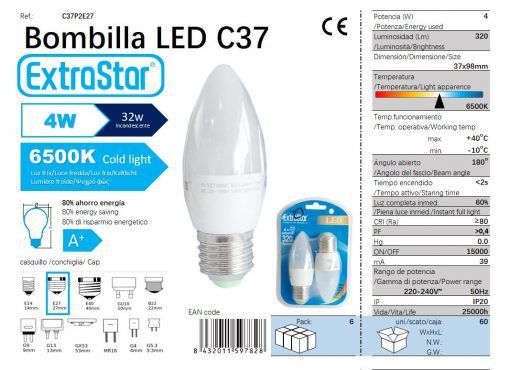LÂMPADA VELA LED SET 2X4W E27 6500K LUZ DIA LED  4W
