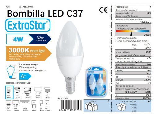 LÂMPADA VELA LED SET 2X4W E14 3000K LUZ QUENTE LED  4W