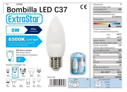 LÂMPADA VELA LED SET 2X5W E27 6500K LUZ DIA LED  5W
