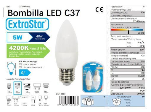 LÂMPADA VELA LED SET 2X5W E27 4200K LUZ NATURAL LED  5W