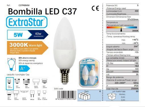 LÂMPADA VELA LED SET 2X5W E14 3000K LUZ QUENTE LED  5W
