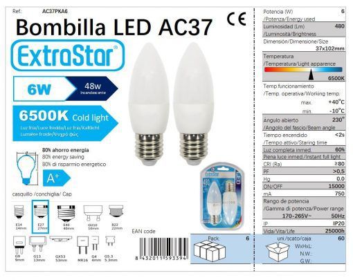 LÂMPADA VELA LED SET 2X6W E27 6500K LUZ DIA LED  6W 2