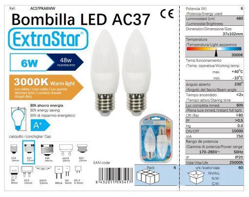 LÂMPADA VELA LED SET 2X6W E27 3000K LUZ QUENTE LED  6W 2