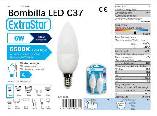LÂMPADA VELA LED SET 2X6W E14 6500K LUZ DIA LED  6W 2