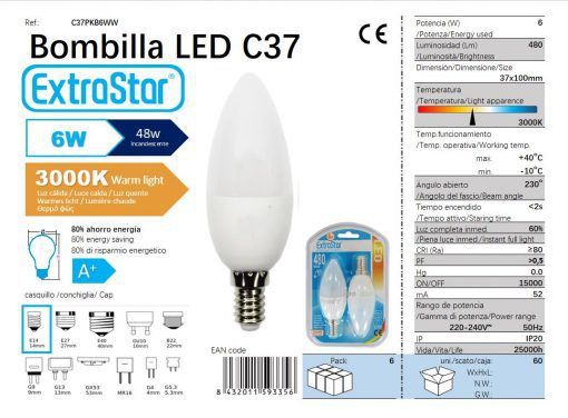 LÂMPADA VELA LED SET 2X6W E14 3000K LUZ QUENTE LED  6W 2