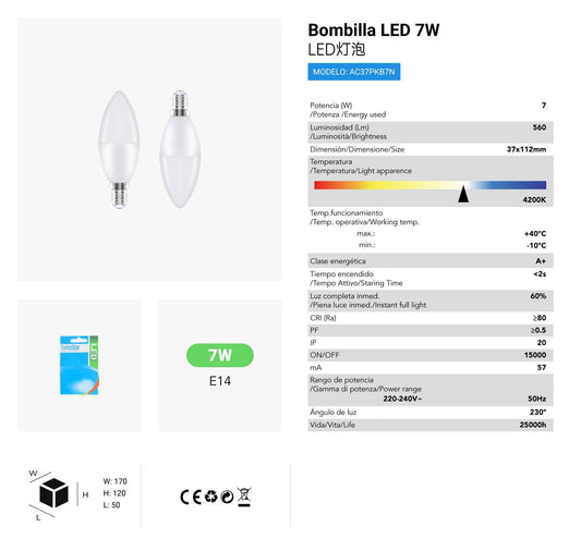 LÂMPADA VELA LED SET2X7W E14 4200K LUZ NATURAL LED  7W