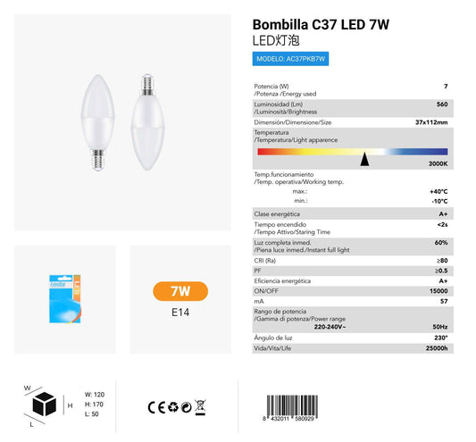 LÂMPADA VELA LED SET2X7W E14 3000K LUZ QUENTED CJ60 LED  7W 2