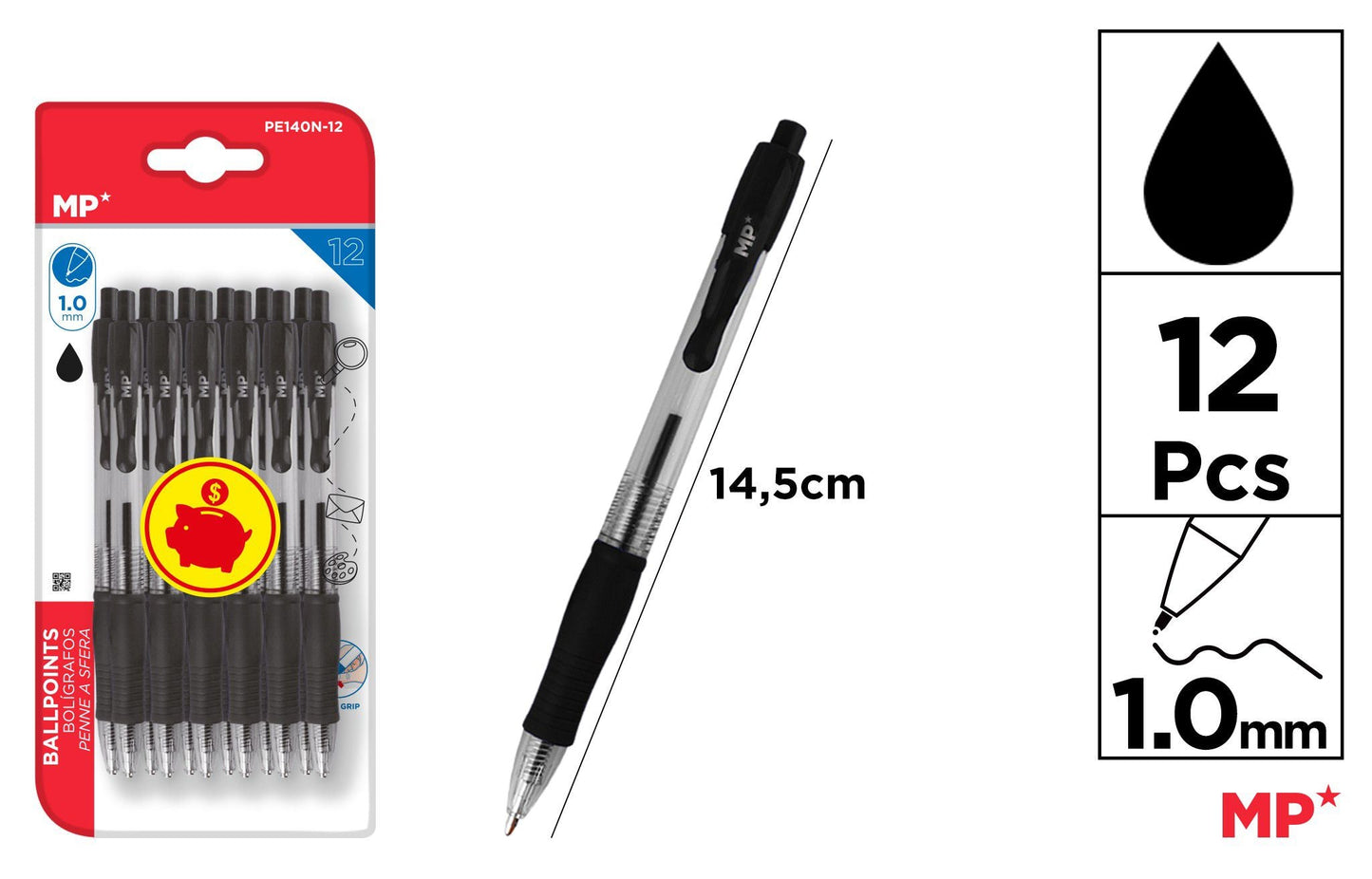 CANETAS NEGRO PONTA 1.0MM 12UDS