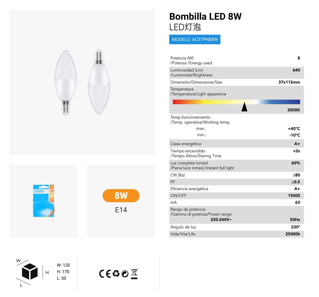 LÂMPADA VELA LED SET2X8W E14 3000K LUZ QUENTE LED  8W 2
