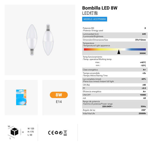 LÂMPADA VELA LED SET2X8W E14 3000K LUZ QUENTE LED  8W 2
