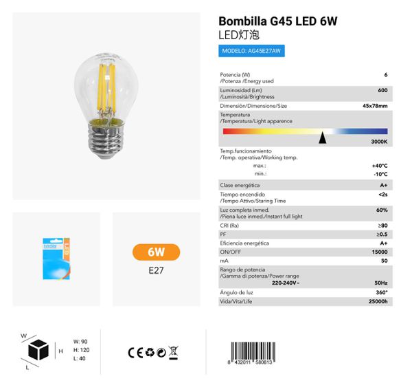 LÂMPADA G45 6W 3000K LUZ QUENTE CJ144 6W LED
