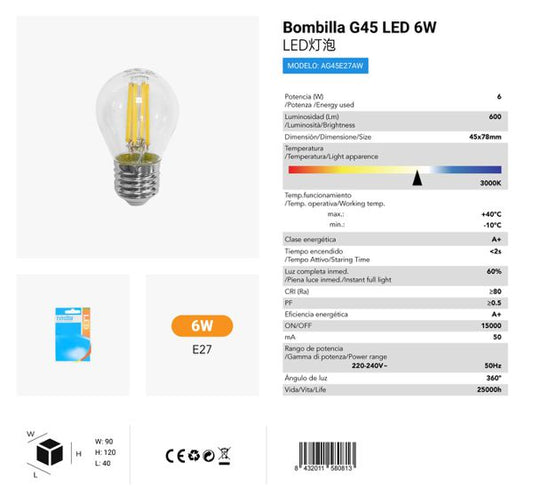 LÂMPADA G45 6W 3000K LUZ QUENTE CJ144 6W LED