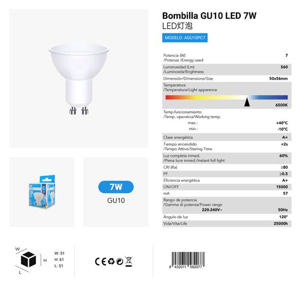 LÂMPDA DE LED GU10 7W 6500K LUZ FRIA CAJA CJ144 LED GU10 7W