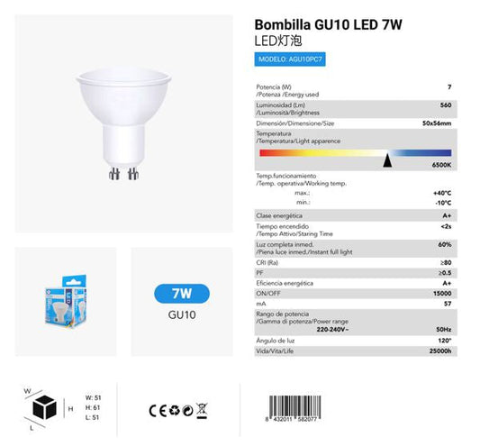 LÂMPDA DE LED GU10 7W 6500K LUZ FRIA CAJA CJ144 LED GU10 7W
