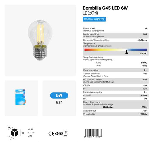 LÂMPADA G45 6W 6500K LUZ FRIA CJ144 6W LED