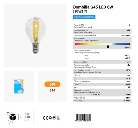 LÂMPADA G45 6W E14 3000K LUZ CALDA CJ144 6W LED