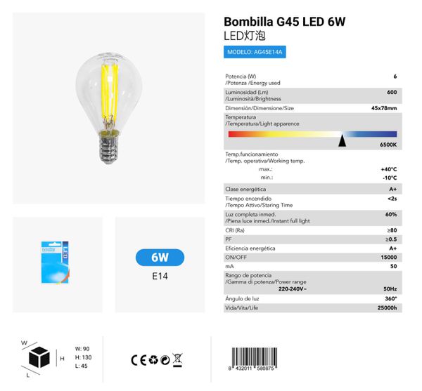 LÂMPADA G45 6W E14 6500K LUZ FRIA CJ144 6W LED