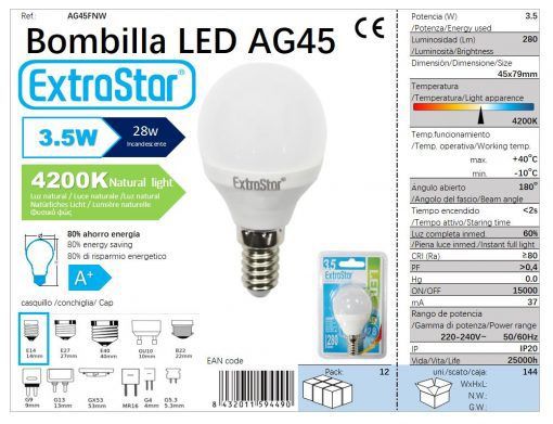 LÂMPADA LED BOLA 3.5W E14 280LM 4200K LUZ NATURAL 3.5W LED