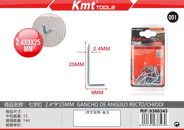 Gancho de Angulo Reto 2.4*9*25mm 24pcs
